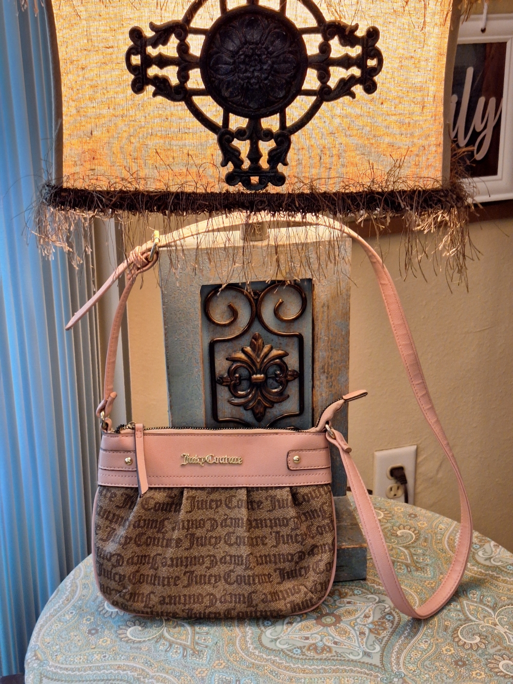 Juicy Couture Brown Signature Canvas Crossbody with Pink Trim and Strap